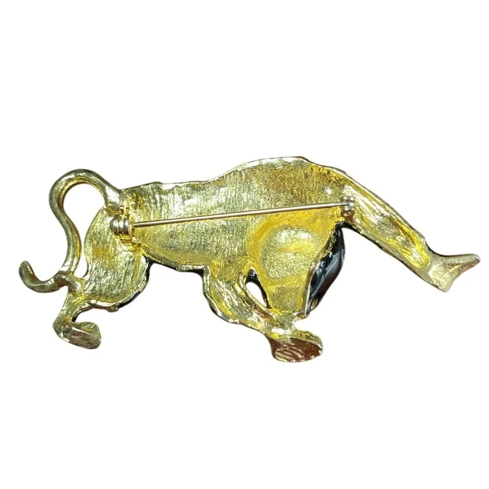 Black Enamel Panther Brooch Gold Tone Green Eyes Tiger‎ Stripe Pin